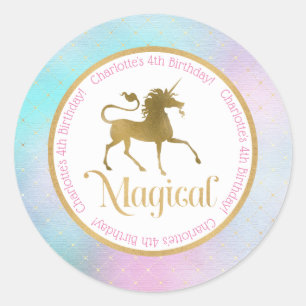 Pegatina Redonda Cumpleaños mágico de unicornio