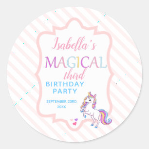 Pegatina Redonda Cumpleaños Mágico de Unicornio Rosa Lindo