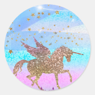 Pegatina Redonda Cumpleaños Mágico de Unicornio Volador Brillante