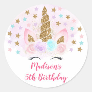 Pegatina Redonda Cumpleaños mágico del oro y rosa de Unicornio
