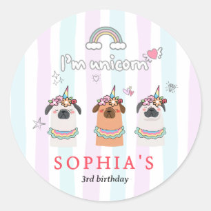 Pegatina Redonda Cumpleaños Mágico Pug Unicornio
