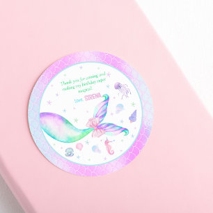 Pegatina Redonda Cumpleaños Mágico Sirena Rosa Púrpura