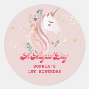 Pegatina Redonda Cumpleaños Mágico Unicornio 1