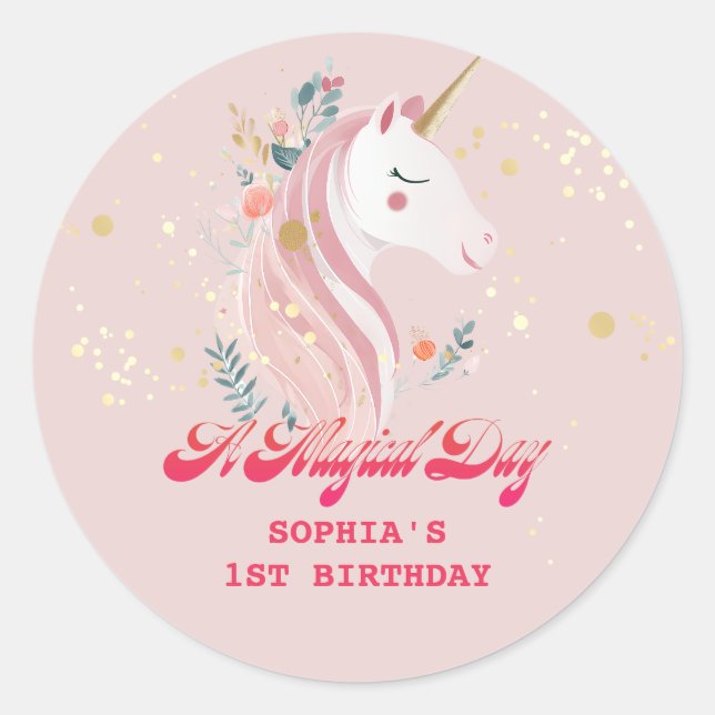 Pegatina Redonda Cumpleaños Mágico Unicornio 1 (Anverso)