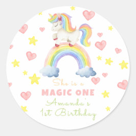 Pegatina Redonda Cumpleaños Mágico Unicornio Arcoíris Uno Primero