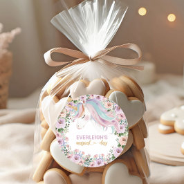 Pegatina Redonda Cumpleaños mágico unicornio flor púrpura 1er