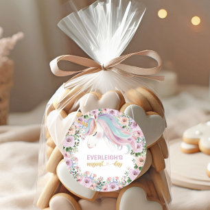 Pegatina Redonda Cumpleaños mágico unicornio flor púrpura 1er
