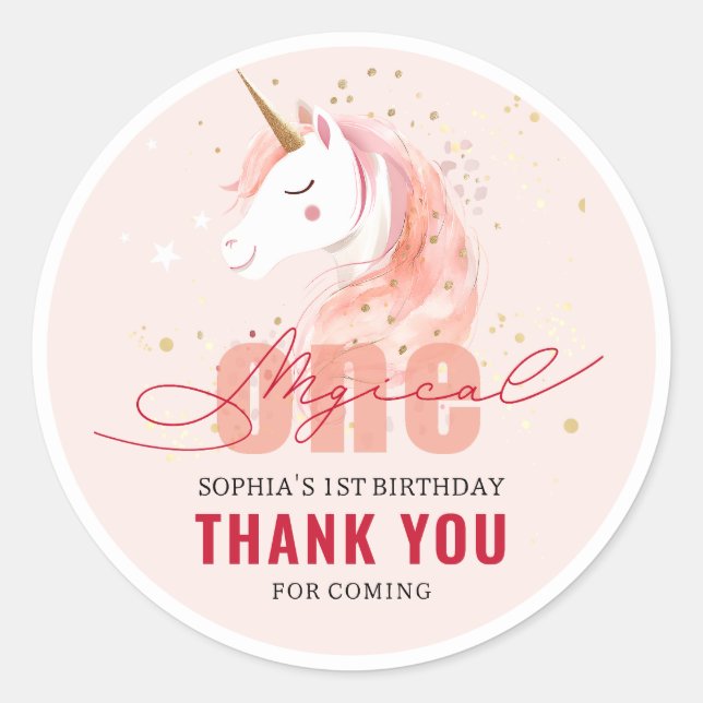 Pegatina Redonda Cumpleaños Mágico Unicornio Primero (Anverso)