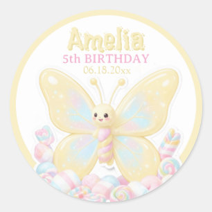 Pegatina Redonda Cumpleaños Mariposa Círculo Limón Amarillo Kawaii