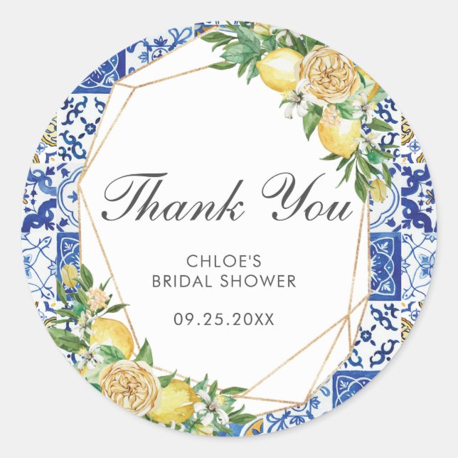 Pegatina Redonda Cumpleaños Mediterráneo de Limón Bridal Baby Showe (Anverso)