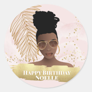 Pegatina Redonda Cumpleaños, Mujer Negra, Hoja Tropical Oro, Rosa