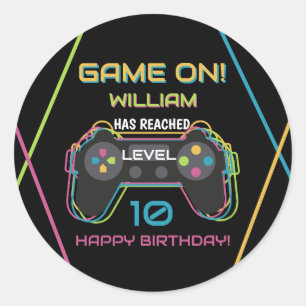 Pegatina Redonda Cumpleaños Neon de Jugador de Videojuegos Adolesce
