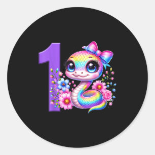 Pegatina Redonda Cumpleaños niña serpiente arcoíris Coquette lazo