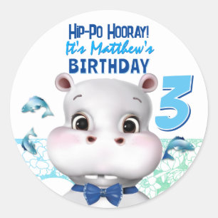 Pegatina Redonda Cumpleaños Niño Pez Azul Hipopótamo Gracias