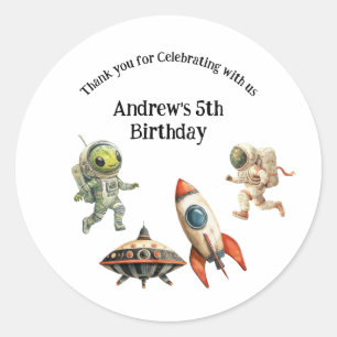 Pegatina Redonda Cumpleaños Niños Cohete Astronautas Alienígenas Na