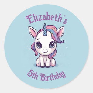Pegatina Redonda Cumpleaños Nombre y Edad de Unicornio Azul Bebé