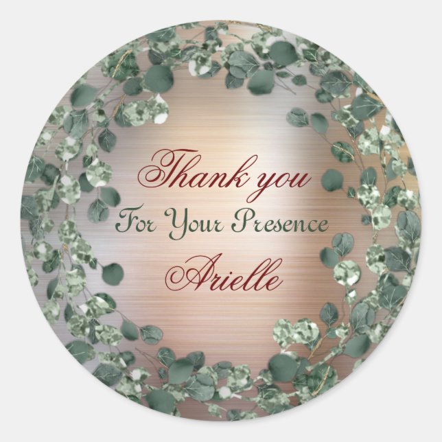 Pegatina Redonda Cumpleaños Novia Eucalipto Rosa Verde Agradecimien (Anverso)