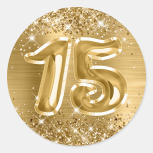 Pegatina Redonda Cumpleaños número 15 de papel de oro brillante