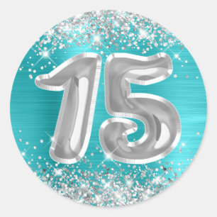 Pegatina Redonda Cumpleaños número 15 Turquesa Azul Brillo Plateado