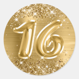 Pegatina Redonda Cumpleaños número 16 con papel de oro brillante
