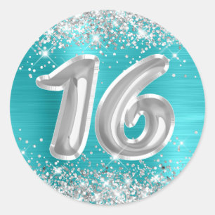 Pegatina Redonda Cumpleaños número 16 Turquesa Azul Brillo Plateado