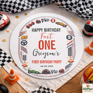Pegatina Redonda Cumpleaños número 1 del niño del auto de carreras 