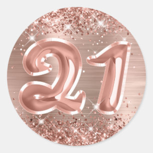 Pegatina Redonda Cumpleaños número 21 con hoja de oro rosa brillant