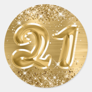 Pegatina Redonda Cumpleaños número 21 con papel de oro brillante
