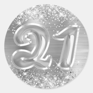 Pegatina Redonda Cumpleaños número 21 con papel de plata brillante