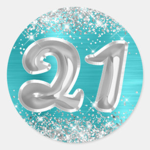 Pegatina Redonda Cumpleaños número 21 Turquesa Azul Brillo Plateado