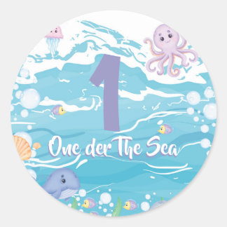 Pegatina Redonda Cumpleaños número uno bajo el mar