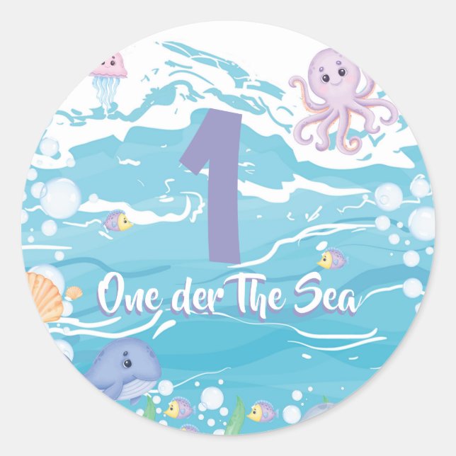Pegatina Redonda Cumpleaños número uno bajo el mar (Anverso)