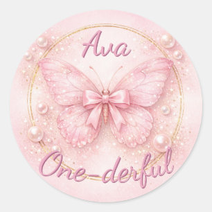 Pegatina Redonda Cumpleaños One-derful Mariposa Rosa 1