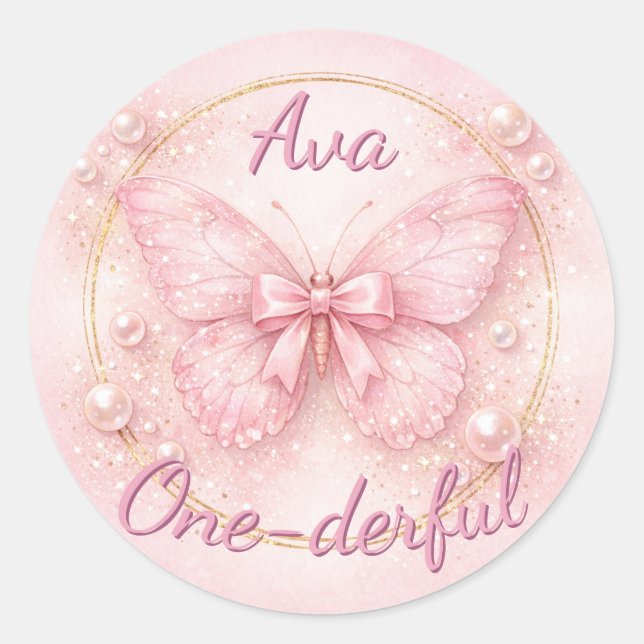 Pegatina Redonda Cumpleaños One-derful Mariposa Rosa 1  (Anverso)