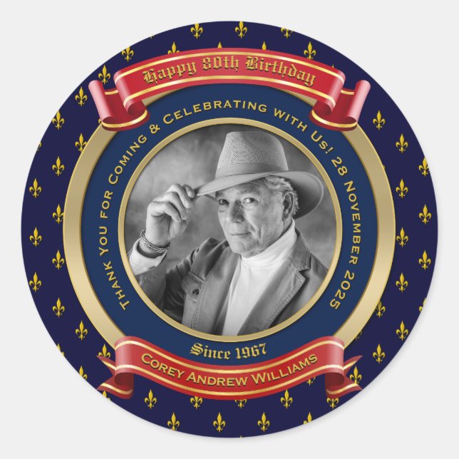 Pegatina Redonda Cumpleaños Oro Foto 80 Aniversario Ochenta Azul Ro (Anverso)