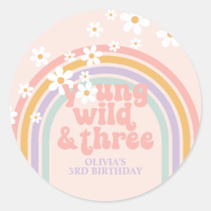 Pegatina Redonda Cumpleaños pastel arcoíris joven Wild tres 3