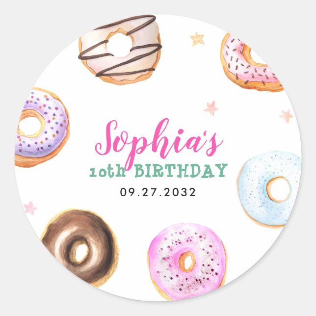Pegatina Redonda Cumpleaños Pastelito Rosado con Estrellas y Letras (Anverso)