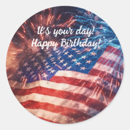 Pegatina Redonda Cumpleaños Patriótico Feliz