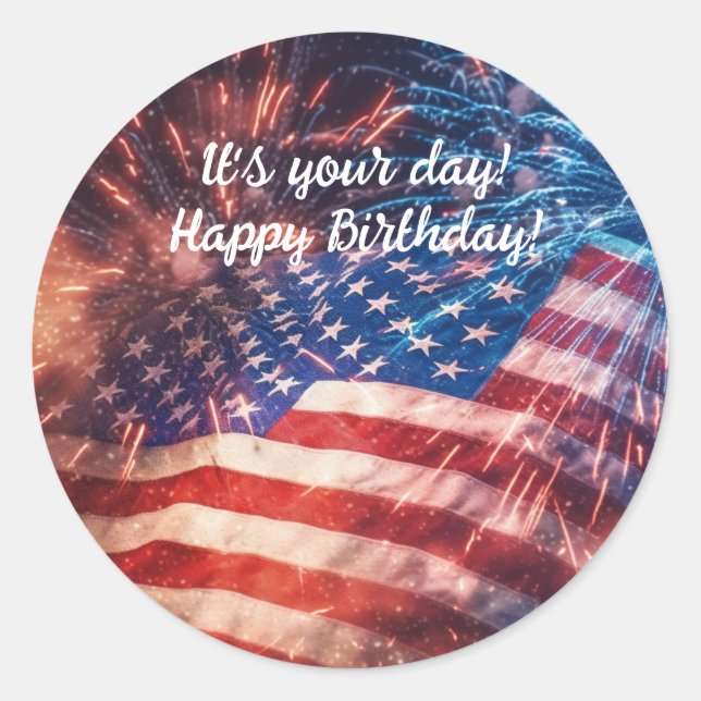 Pegatina Redonda Cumpleaños Patriótico Feliz (Anverso)