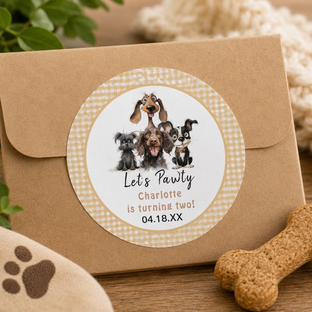 Pegatina Redonda Cumpleaños Perro Vamos a Pawty (Dog Let's Pawty Birthday Classic Round Sticker)