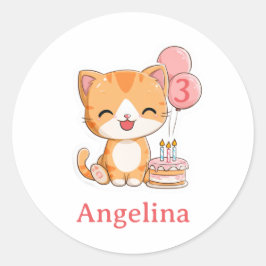 Pegatina Redonda Cumpleaños personalizado 3 años, gatito jengibre, 