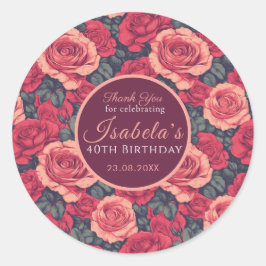 Pegatina Redonda Cumpleaños personalizado con tema de rosa para el 