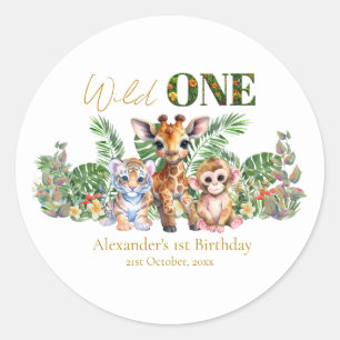 Pegatina Redonda Cumpleaños personalizado de animales salvajes de l
