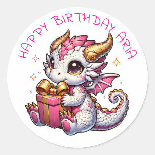 Pegatina Redonda Cumpleaños personalizado de Chicas de Dragón Rosa 