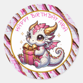 Pegatina Redonda Cumpleaños personalizado de Chicas de Dragón Rosa 