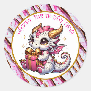 Pegatina Redonda Cumpleaños personalizado de Chicas de Dragón Rosa 