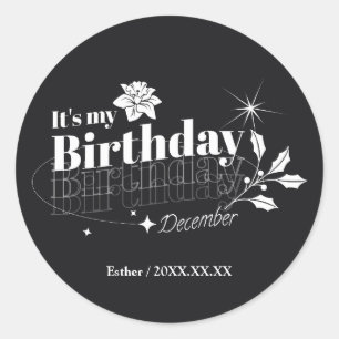 Pegatina Redonda Cumpleaños Personalizado de Diciembre con Floral M