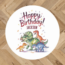 Pegatina Redonda Cumpleaños personalizado de dinosaurio lindo