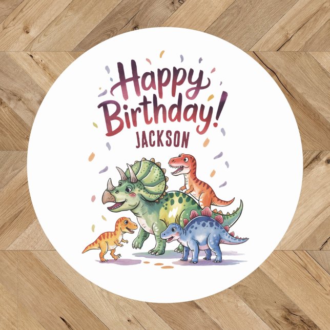 Pegatina Redonda Cumpleaños personalizado de dinosaurio lindo (Subido por el creador)