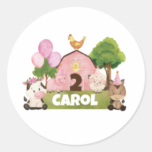 Pegatina Redonda Cumpleaños personalizado de los Barnyard rosados